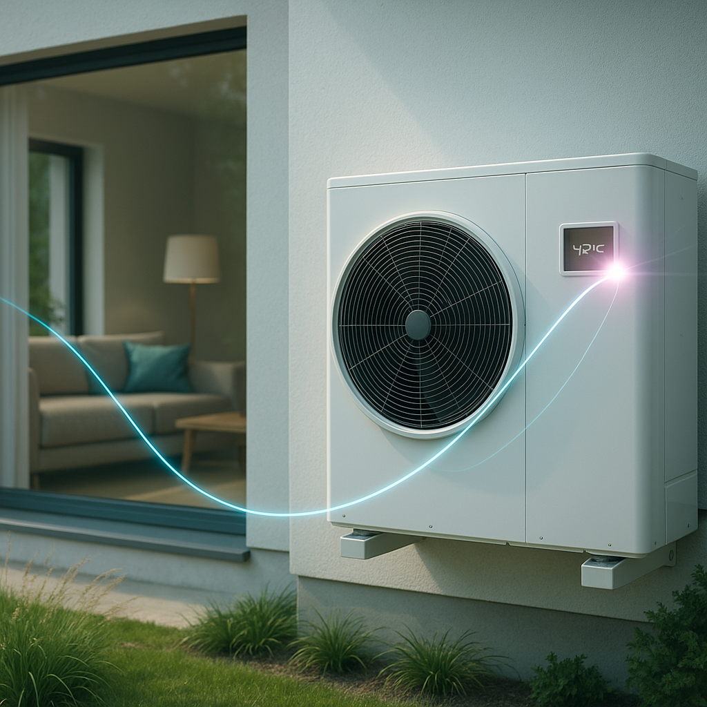 Nowoczesna pompa ciepła, wyposażona w duży okrągły wentylator i cyfrowy wyświetlacz, jest zamontowana na zewnątrz w pobliżu okna. Wewnątrz przytulnego salonu świeci lampa, a niebieska linia energetyczna - prowadzona przez krzywa grzewcza pompa ciepła - łączy wnętrze z zewnętrzem.