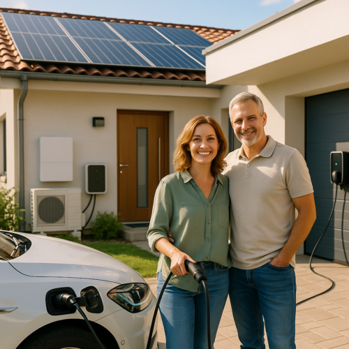 Uśmiechnięta para stoi obok naładowywanego samochodu elektrycznego przed nowoczesnym domem z panelami słonecznymi na dachu; kobieta trzyma kabel ładowania, a na ścianie garażu widać stację ładowania i drzwi wejściowe.