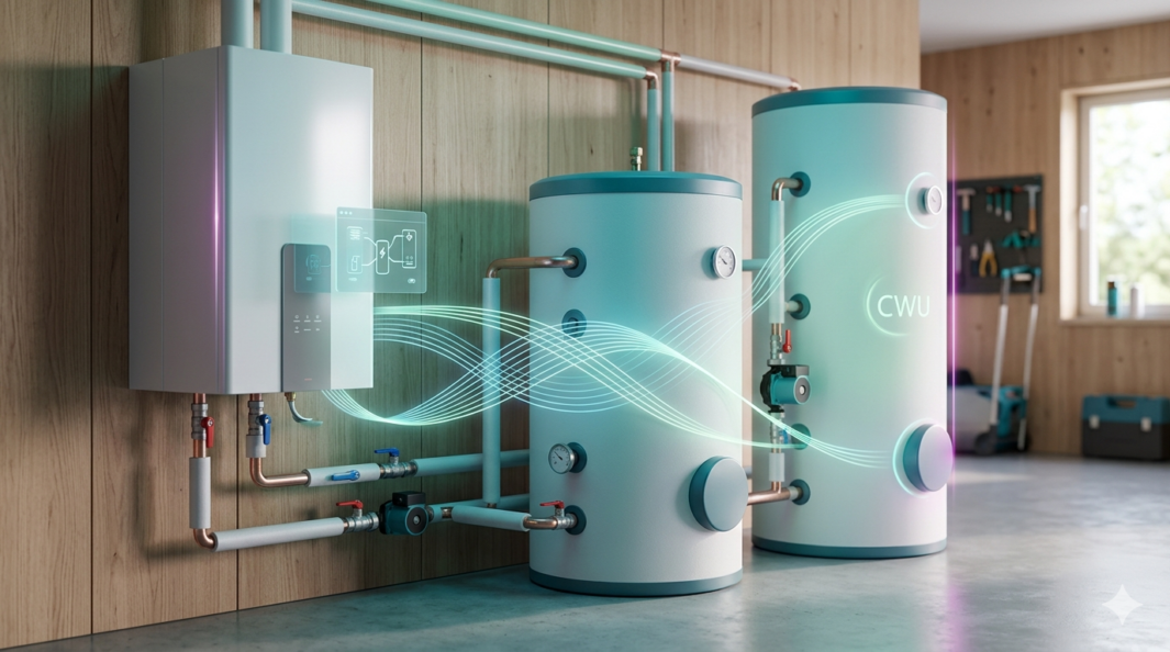 Pomieszczenie techniczne z wiszącym białym kotłem po lewej i dwoma dużymi cylindrycznymi zbiornikami po prawej połączonymi siecią miedzianych i białych rur z zaworami, manometrami i pompami, nad instalacją widoczne świetliste faliste niebiesko-zielone holograficzne linie i panele interfejsu, na prawym zbiorniku napis "CWU", tło z drewnianą ścianą, oknem i tablicą z narzędziami.