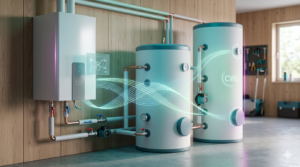 Pomieszczenie techniczne z wiszącym białym kotłem po lewej i dwoma dużymi cylindrycznymi zbiornikami po prawej połączonymi siecią miedzianych i białych rur z zaworami, manometrami i pompami, nad instalacją widoczne świetliste faliste niebiesko-zielone holograficzne linie i panele interfejsu, na prawym zbiorniku napis "CWU", tło z drewnianą ścianą, oknem i tablicą z narzędziami.