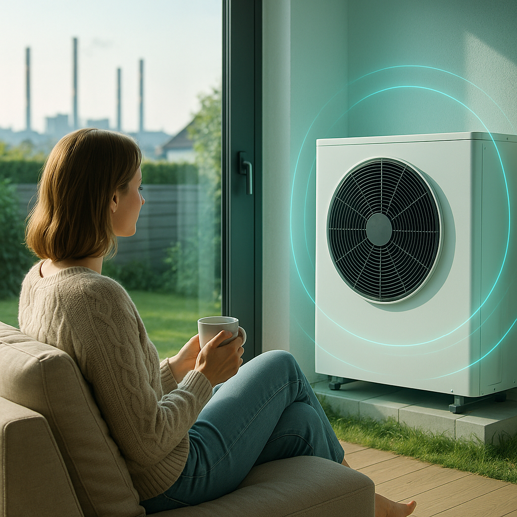 Kobieta siedząca na kanapie w beżowym, warkoczowym swetrze i dżinsach trzyma kubek i patrzy przez duże okno na zewnętrzną jednostkę pompy ciepła z dużym okrągłym wentylatorem i turkusowymi koncentrycznymi falami wokół niej, stojącą na betonowych podstawkach na tle trawnika i odległych kominów przemysłowych.