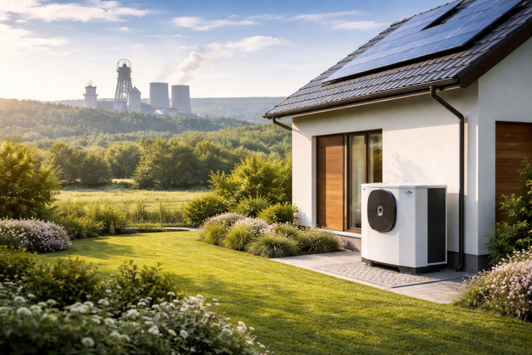 Dom jednorodzinny z panelami fotowoltaicznymi na dachu i zewnętrzną jednostką pompy ciepła przy ścianie, na pierwszym planie zadbany trawnik z kwitnącymi rabatami i krzewami, dalej łąka i las, a na horyzoncie widoczne chłodnie kominowe i zabudowania przemysłowe wydzielające dym.