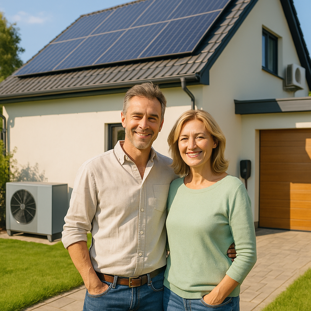 Para dorosłych stoi na podjeździe przed nowoczesnym domem z panelami fotowoltaicznymi na dachu, widocznym drewnianym garażem, jednostką klimatyzacyjną przy ścianie i zielonym trawnikiem; oboje w casualowych ubraniach i uśmiechnięci.