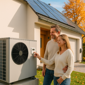 Para stojąca obok zewnętrznej jednostki pompy ciepła przed domem z panelami fotowoltaicznymi na dachu; kobieta dotyka panelu sterującego na urządzeniu, mężczyzna stoi za nią z ręką na jej talii, w tle jesienne drzewo i podjazd do garażu.