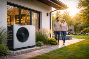 Zewnętrzna jednostka klimatyzacji/pompy ciepła ustawiona przy ścianie domu z dużymi oknami, na pierwszym planie rabaty z trawami ozdobnymi i chodnik, a w tle para idąca obok domu pośród trawnika i drzew w ciepłym świetle zachodu.