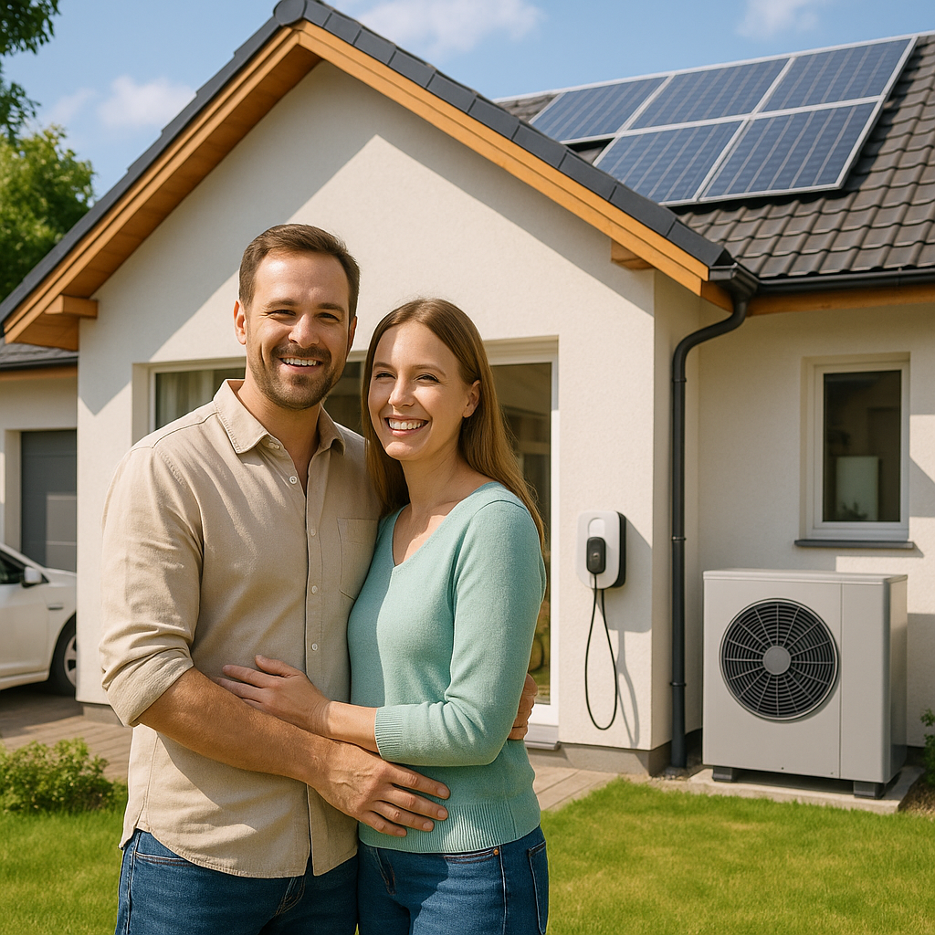 Mężczyzna i kobieta stoją obejmując się na zielonym trawniku przed nowoczesnym domem jednorodzinnym z jasną elewacją, na dachu panelami słonecznymi, zamontowaną na ścianie stacją ładowania samochodów elektrycznych i zewnętrzną jednostką pompy ciepła, z częściowo widocznym białym samochodem na podjeździe.