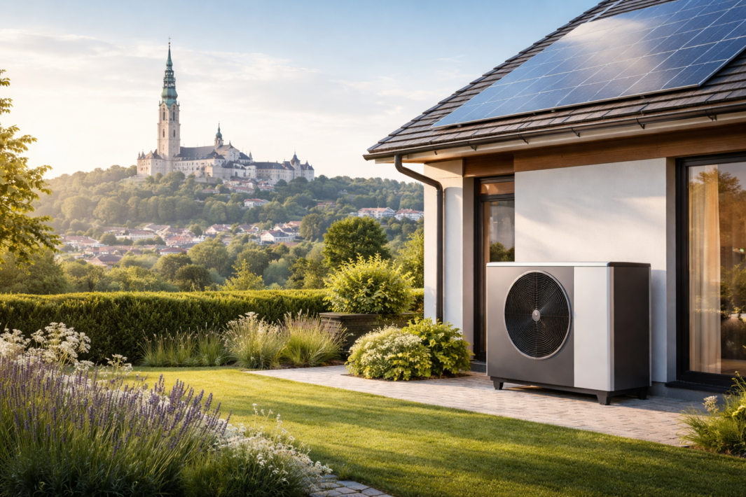 Nowoczesny dom z panelami słonecznymi i dużą pompą ciepła Częstochowa znajduje się w bujnym ogrodzie. W tle zabytkowa katedra z widokiem na miasto, drzewa i dachy pod czystym niebem.
