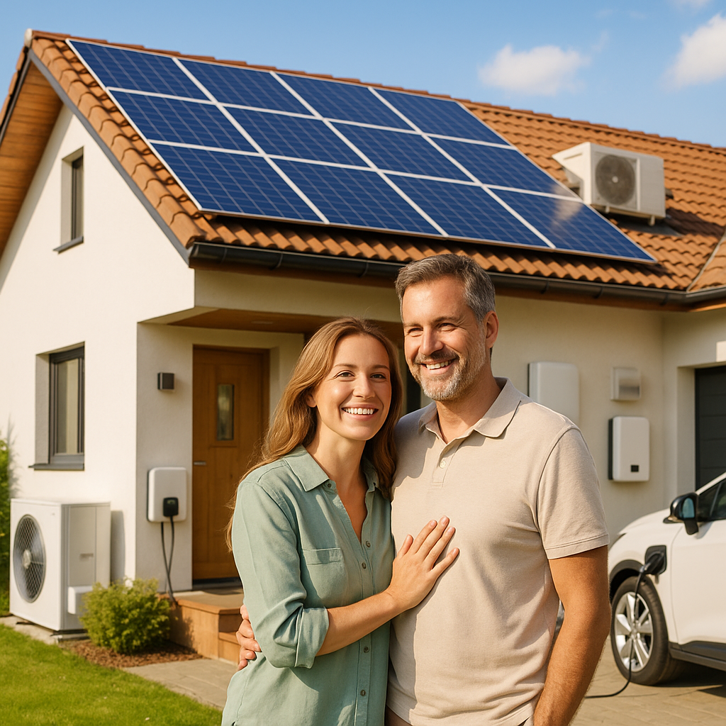 Uśmiechnięta para stojąca przed jednorodzinnym domem z panelami fotowoltaicznymi na dachu, widocznym zaparkowanym samochodem z podłączonym kablem do ładowania oraz zewnętrzną jednostką klimatyzacji i skrzynkami elektrycznymi na ścianie.