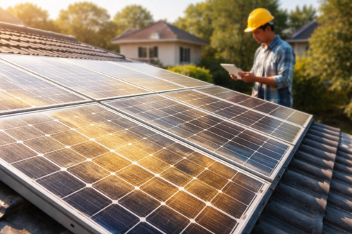 Zbliżenie paneli fotowoltaicznych zamontowanych na dachówce, odbijających ciepłe światło słoneczne; po prawej stoi mężczyzna w żółtym kasku i koszuli w kratę trzymający tablet, w tle rozmyte domy i drzewa.