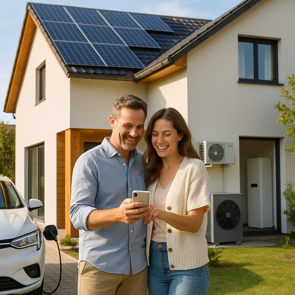 Para stojąca przed nowoczesnym, jasnym domem z panelami słonecznymi na dachu, uśmiechnięci i oglądający smartfon, obok zaparkowany samochód elektryczny podłączony do ładowarki, a na ścianie domu widoczna zewnętrzna jednostka klimatyzacyjna.