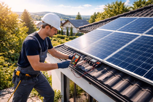Pracownik w białym kasku i roboczym ubraniu stoi na dachu przy panelach fotowoltaicznych, trzyma cyfrowy miernik podłączony do przewodów i skrzynki przy panelach, obok widoczny pas z narzędziami, a w tle domy, drzewa i pagórkowaty krajobraz.