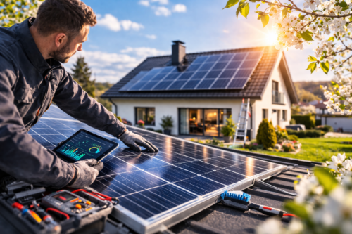 Mężczyzna w rękawiczkach sprawdza wydajność paneli słonecznych na dachu za pomocą tabletu. W pobliżu znajdują się narzędzia i kwiaty. W tle widoczny jest nowoczesny dom z większą liczbą paneli słonecznych i kwitnące drzewo w słoneczny dzień.