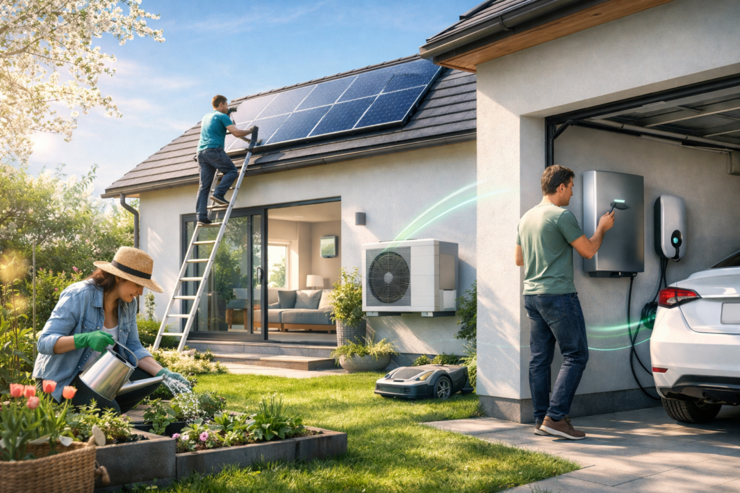 Kobieta podlewa rośliny w słonecznym ogrodzie, podczas gdy mężczyzna instaluje panele słoneczne na dachu. W pobliżu, domowy hub energetyczny zasila samochód elektryczny, kosiarkę automatyczną i pompę ciepła, podkreślając ten ekologiczny, zrównoważony dom.