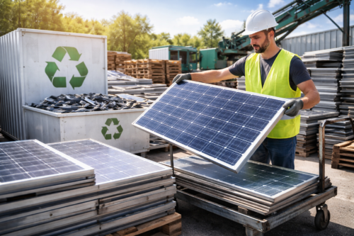Pracownik w białym kasku, żółtej kamizelce i rękawicach podnosi panel fotowoltaiczny z wózka na zewnętrznym placu składowym, wokół stosy paneli, pojemniki z symbolem recyklingu, palety i maszyny.