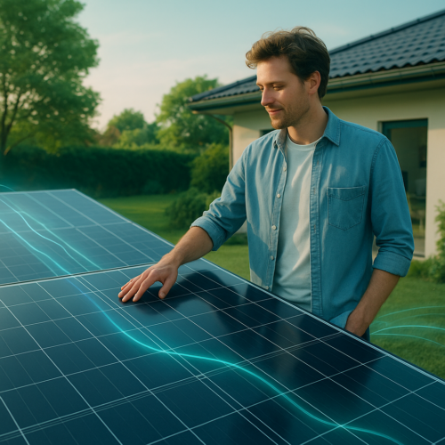 Mężczyzna w dżinsowej koszuli stoi na zewnątrz domu, delikatnie dotykając panelu słonecznego. Niebieskie linie energii świecą na całej powierzchni, symbolizując przepływ energii odnawialnej - odzwierciedlenie tego, jak rynek OZE w Polsce rośnie wśród bujnych zielonych drzew i trawy.