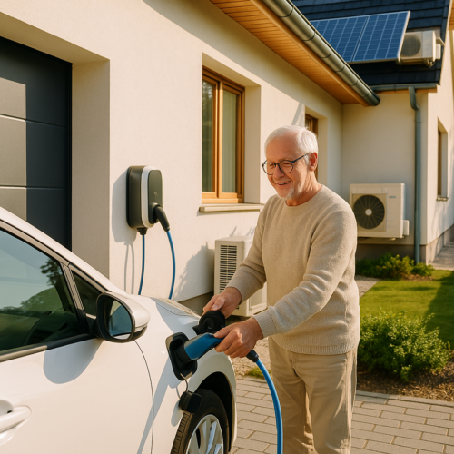 Starszy mężczyzna w okularach i jasnym swetrze podłącza niebieski kabel stacji ładowania do białego samochodu zaparkowanego przy domu, na ścianie widoczna jednostka ładowarki, zewnętrzny agregat klimatyzacji i panele słoneczne na dachu.