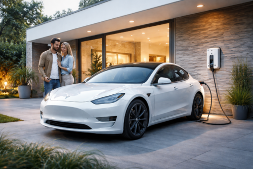 Biały samochód elektryczny premium sedan ładuje się na zamontowanej na ścianie ładowarce EV przed nowoczesnym domem o zmierzchu. Uśmiechnięta para stoi ramię w ramię przy wejściu, otoczona zielenią i ciepłymi światłami, tworząc przyjazną, ekologiczną atmosferę.