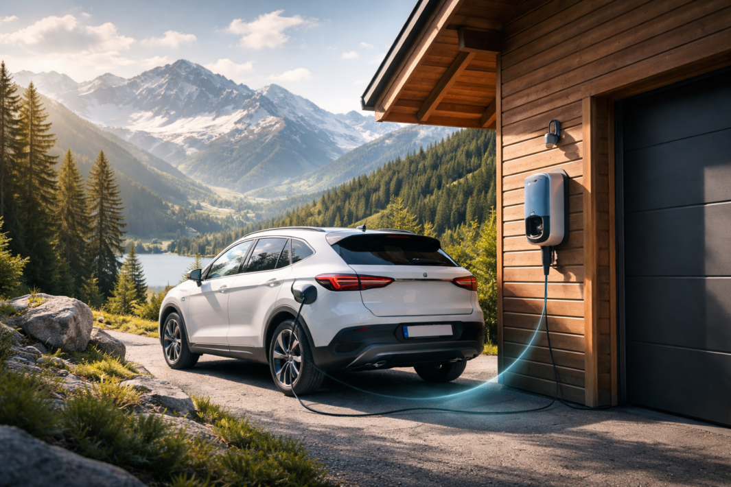 Biały SUV elektryczny podłączony kablem z delikatnym niebieskim światłem do ściennej ładowarki przy drewnianym garażu, zaparkowany na leśnej drodze z kamieniami i trawą na pierwszym planie oraz widokiem na jezioro, gęsty las iglasty i ośnieżone szczyty gór w tle.