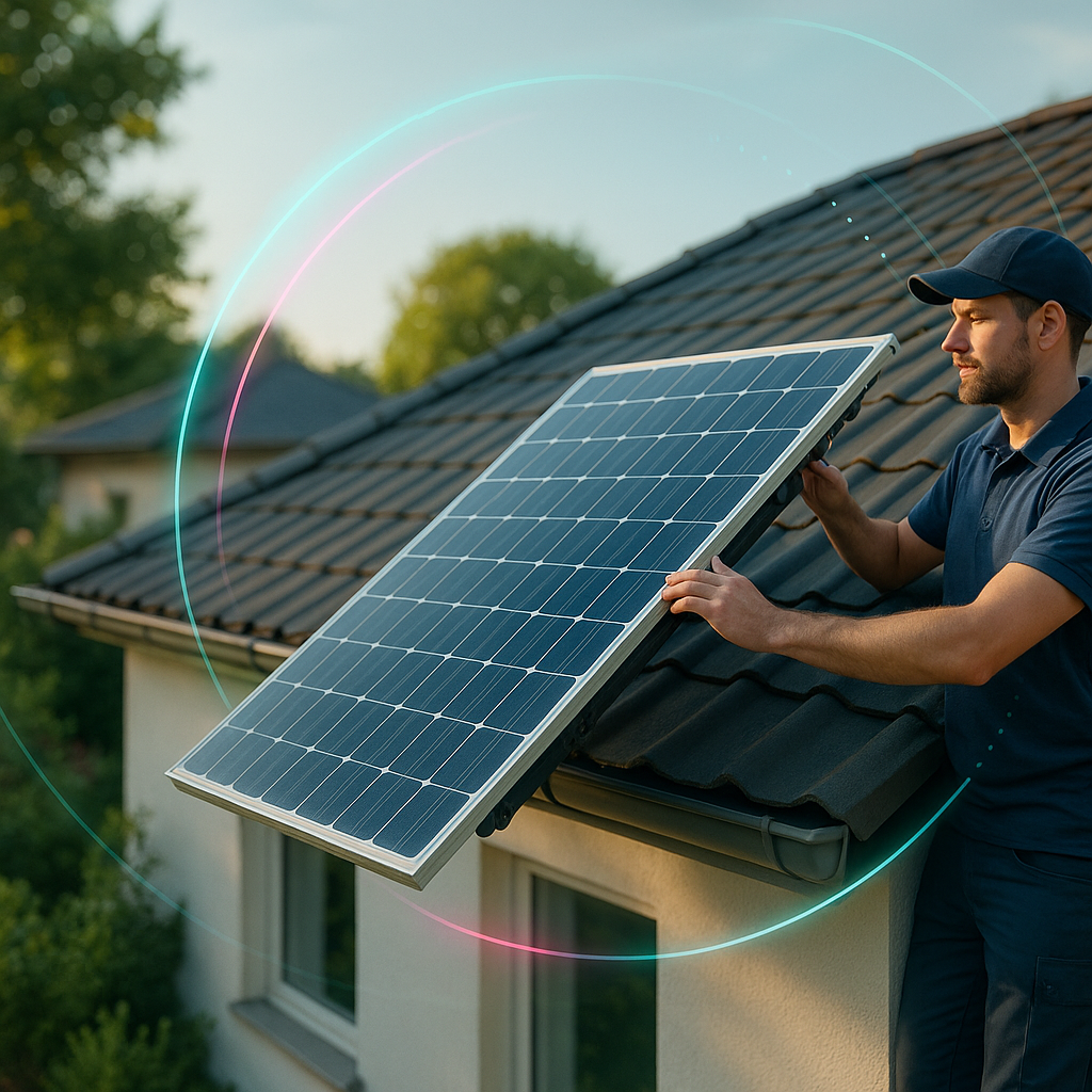 Mężczyzna w niebieskiej koszuli i czapce instaluje panel słoneczny na dachu, reprezentujący serwis instalacji fotowoltaicznej. Jasne światło dzienne podkreśla zielone drzewa i pobliskie domy, podczas gdy cyfrowy efekt świetlny otacza panel, podkreślając czystą energię.