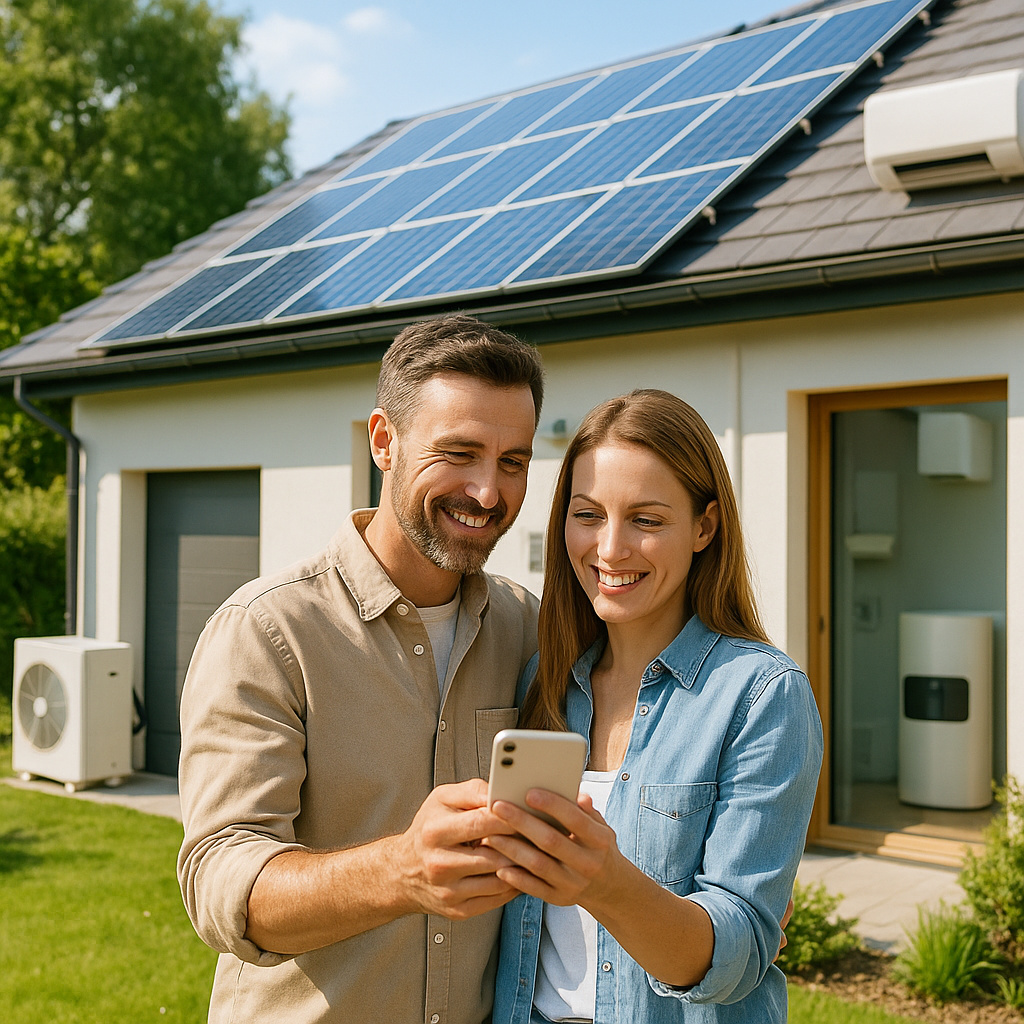 Para stojąca na trawniku przed nowoczesnym domem z panelami fotowoltaicznymi na dachu i jednostką klimatyzacyjną przy ścianie, oboje uśmiechnięci patrzą na smartfon.