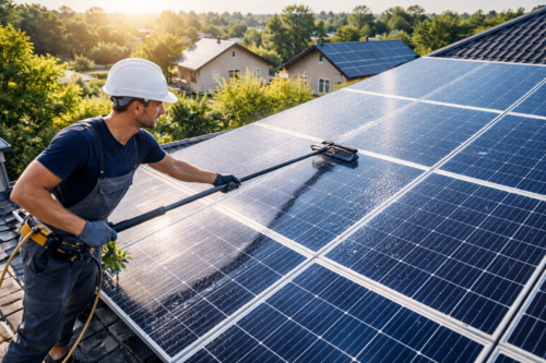 Osoba w białym kasku, rękawicach i ubraniu roboczym z pasem narzędziowym czyści długim padem nasączonym wodą panele fotowoltaiczne na dachu, w tle drzewa, domy z panelami i odbijające się słońce.