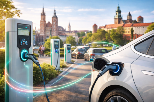 Elektryczny samochód po prawej podłączony kablem do słupka ładowania na parkingu, na pierwszym planie widoczny panel stacji, dalej w rzędzie kolejne punkty ładowania i zaparkowane auta, a w tle rozmyte zabytkowe budynki z wieżami i przechodnie w słoneczny dzień.