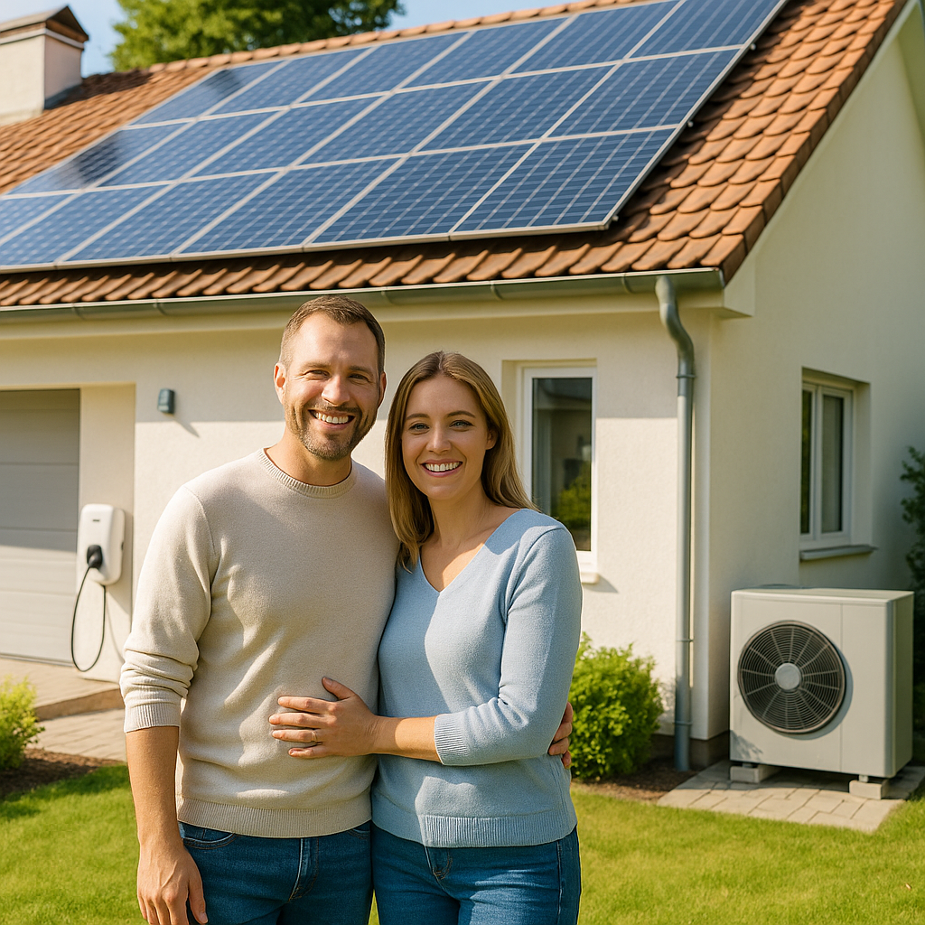 Mężczyzna i kobieta stoją na zielonym trawniku przed jasnym domem jednorodzinnym z panelami słonecznymi na dachówce, ze stacją ładowania przy garażu i zewnętrzną jednostką klimatyzacji przy ścianie; oboje w swetrach stoją blisko siebie i uśmiechają się.