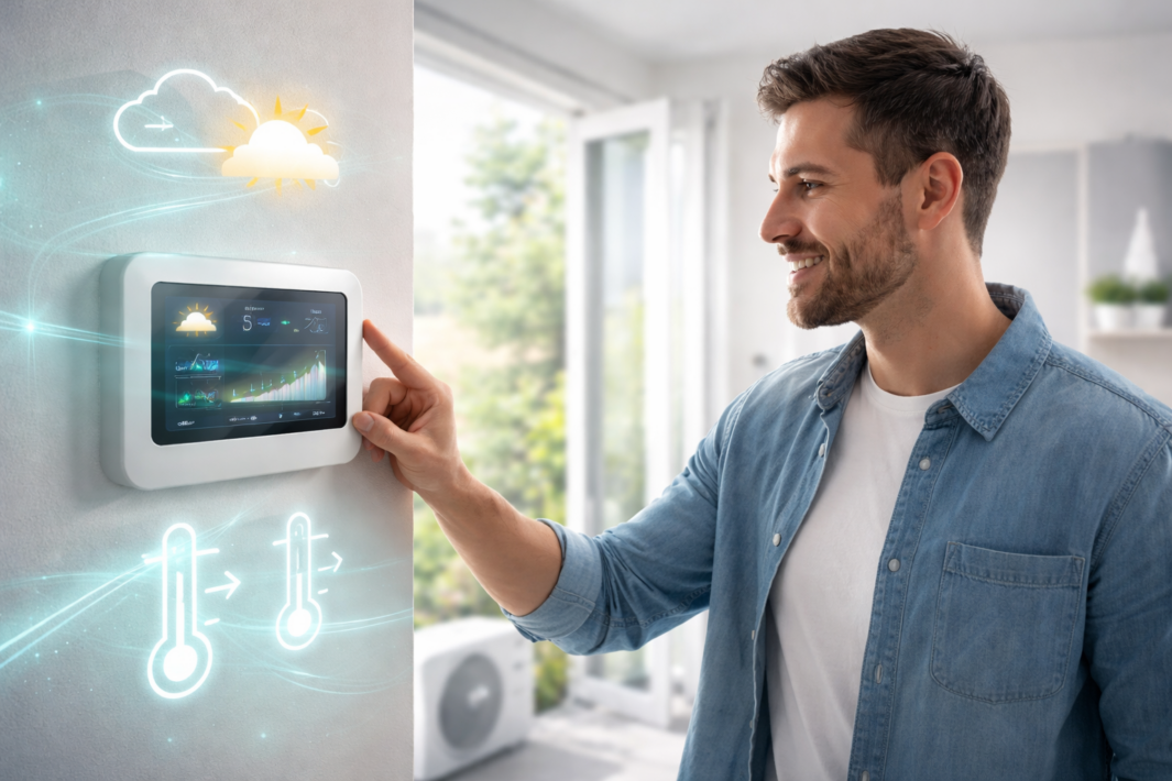 Mężczyzna w dżinsowej koszuli uśmiecha się, regulując sterownik pogodowy inteligentnego termostatu na ścianie. Ekran pokazuje dane pogodowe i wykresy, a cyfrowe ikony ilustrują kontrolę klimatu i funkcje inteligentnego domu, gdy światło dzienne wpada przez otwarte okno.