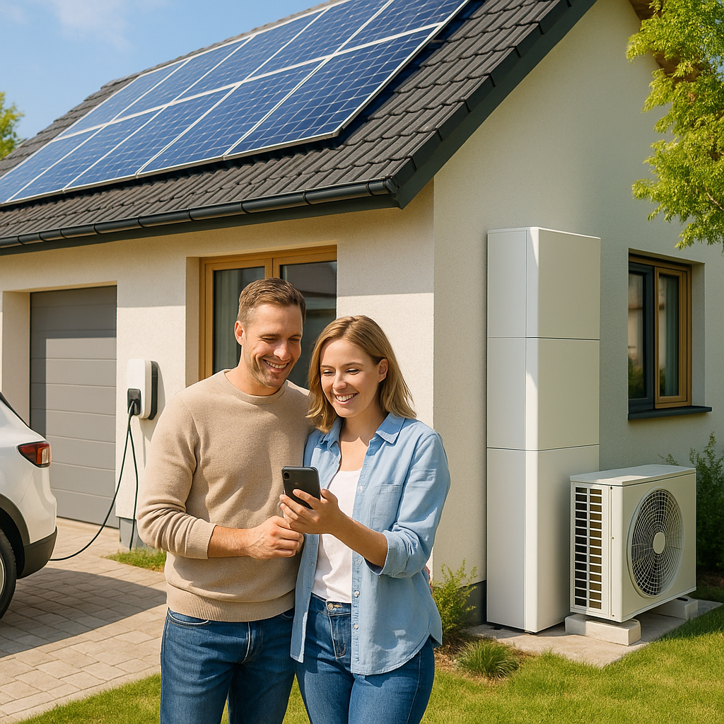 Mężczyzna i kobieta stoją przed nowoczesnym domem z panelami fotowoltaicznymi na dachu i razem patrzą na smartfon, obok stoi biały samochód podłączony do stacji ładowania przy garażu, przy ścianie widoczna wysoka biała obudowa oraz zewnętrzna jednostka klimatyzacyjna z wentylatorem.