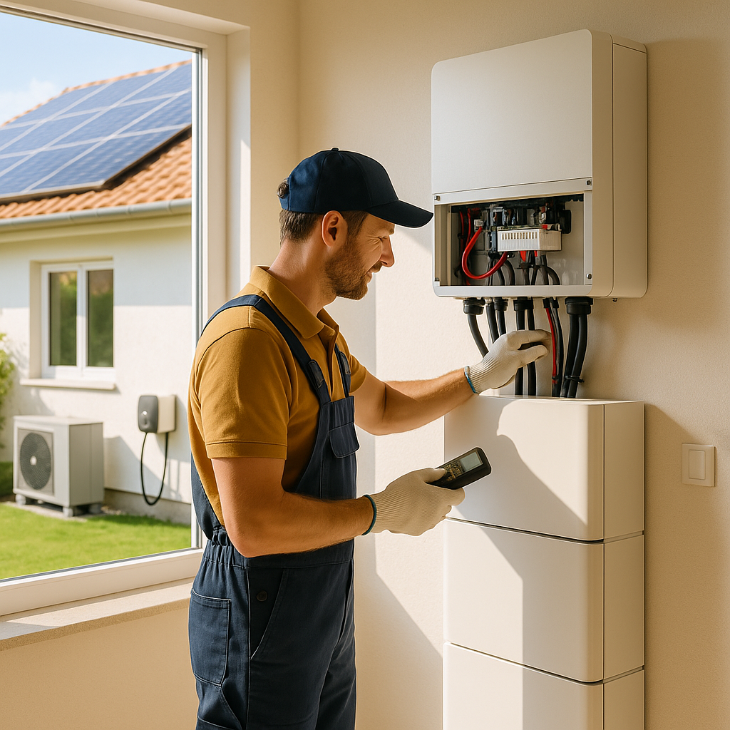 Technik w kombinezonie i rękawicach sprawdza domowy falownik energii słonecznej z odsłoniętym okablowaniem w pomieszczeniu. Używa cyfrowego tabletu do diagnostyki, upewniając się, że system zasilania awaryjnego działa płynnie. Przez okno widać panele słoneczne na dachu.