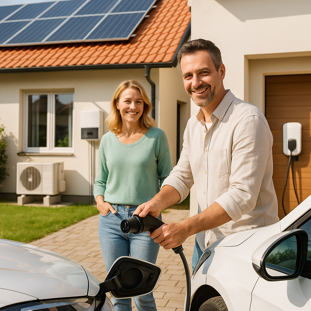 Uśmiechnięty mężczyzna podłącza kabel ładowania do białego samochodu elektrycznego na podjeździe przed domem, obok stoi uśmiechnięta kobieta; na dachu widoczne panele słoneczne, przy garażu zamontowana stacja ładowania i jednostka zewnętrzna klimatyzacji.