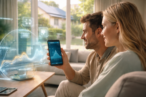 Mężczyzna i kobieta siedzą na sofie w jasnym salonie, uśmiechając się, gdy mężczyzna trzyma smartfon wyświetlający wykres finansowy. Cyfrowe wykresy i ikony, w tym te dla taryfy dynamicznej, podkreślają nowoczesną technologię finansową i analizę inwestycji.