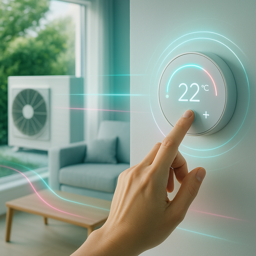 Ręka reguluje termostat w pompie ciepła ustawiony na 22°C na ścianie w nowoczesnym salonie. Kolorowe cyfrowe linie płyną w kierunku zewnętrznej jednostki klimatyzacyjnej, ilustrując kontrolę temperatury i efektywność energetyczną.
