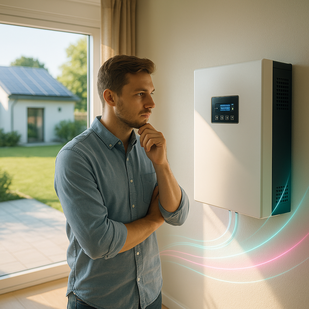 Mężczyzna w niebieskiej koszuli stoi w pomieszczeniu, w zamyśleniu przyglądając się zamontowanemu na ścianie domowemu magazynowi energii UPS z cyfrowym wyświetlaczem. Światło słoneczne wpada przez okno, ukazując dom z panelami słonecznymi na zewnątrz. Kolorowe linie sugerują przepływ energii z urządzenia.