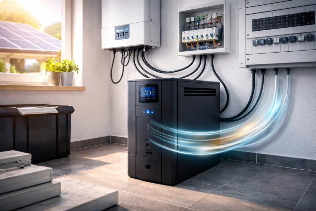 Nowoczesny domowy system akumulatorowy, służący jako UPS domowy, znajduje się na wyłożonej kafelkami podłodze i łączy się z zamontowanymi na ścianie panelami elektrycznymi. Jego wyświetlacz pokazuje "100%". Światło słoneczne wpada przez okno z roślinami doniczkowymi; na zewnątrz widoczne są panele słoneczne i zielona trawa.