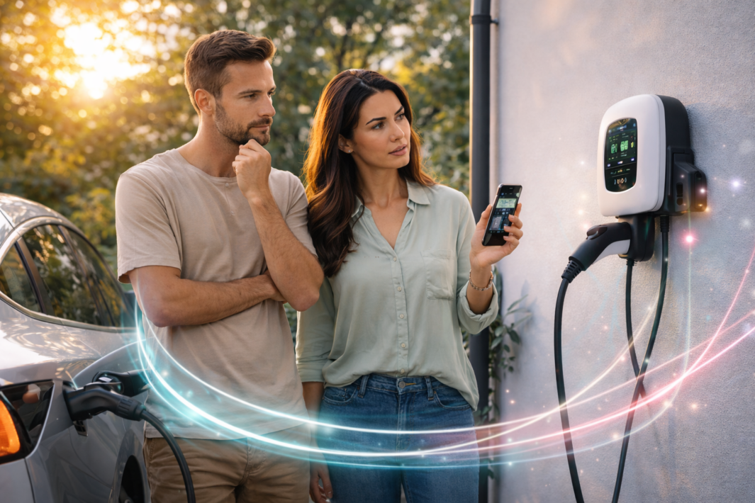 Mężczyzna i kobieta stoją przy zewnętrznej stacji ładowania samochodów elektrycznych, patrząc na smartfon pokazujący dane ładowania. Samochód jest podłączony, a świecące cyfrowe ślady świetlne ilustrują technologię. W tle widoczne są drzewa i światło słoneczne.