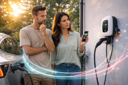 Mężczyzna i kobieta stoją przy zewnętrznej stacji ładowania samochodów elektrycznych, patrząc na smartfon pokazujący dane ładowania. Samochód jest podłączony, a świecące cyfrowe ślady świetlne ilustrują technologię. W tle widoczne są drzewa i światło słoneczne.