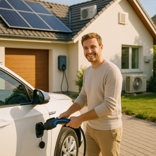 Uśmiechnięty mężczyzna w jasnym swetrze i beżowych spodniach podłącza niebiesko-czarny kabel do portu ładowania białego samochodu elektrycznego na podjeździe przed domem z panelami słonecznymi na dachu i ścienną stacją ładowania.