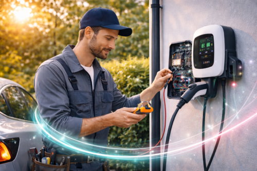Technik w czapce i ubraniu roboczym używa multimetru do sprawdzenia okablowania wewnątrz otwartej stacji ładowania samochodów elektrycznych zamontowanej na ścianie. W pobliżu zaparkowany jest biały pojazd elektryczny, a graficzne smugi światła sugerują przepływ czystej energii.