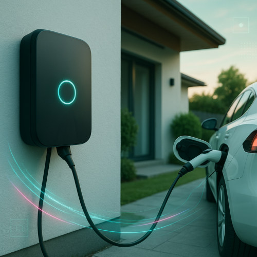 Biały samochód elektryczny ładuje się na nowoczesnej stacji ładowania pojazdów elektrycznych Wallbox 7 kW przed domem o zmierzchu. Świecące na niebiesko światło i cyfrowa grafika podkreślają inteligentną technologię. Obok podjazdu widoczne są zielone krzewy i chodnik.