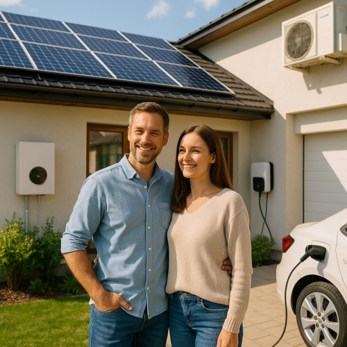Uśmiechnięta para stoi na podjeździe przed domem z panelami fotowoltaicznymi na dachu; mężczyzna w jasnoniebieskiej koszuli i dżinsach oraz kobieta w beżowym swetrze i dżinsach stoją obok siebie, za nimi na ścianie widać stację ładowania samochodu elektrycznego, do której podłączony jest biały samochód, oraz jednostkę klimatyzacji i skrzynkę elektryczną.