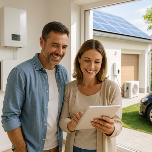 Uśmiechnięta kobieta i mężczyzna stojący w progu domu i wspólnie patrzący na tablet; wewnątrz na ścianie widoczne urządzenia elektryczne, a przez otwarte drzwi widać dach z panelami słonecznymi, garaż z gniazdem ładowania, zewnętrzną jednostkę klimatyzacji i częściowo zaparkowany samochód.