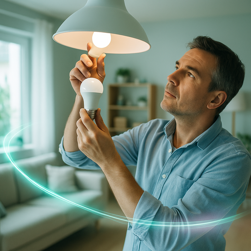 Mężczyzna w jasnoniebieskiej koszuli trzyma żarówkę LED pod wiszącą białą lampą, w oprawie pali się żarówka; w tle sofa z poduszkami, regał i okno, a wokół postaci widoczny turkusowy świetlisty pas.