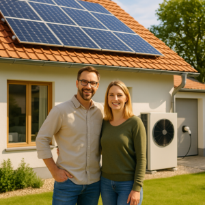 Para stojąca na trawniku przed białym domem z czerwonymi dachówkami i panelami słonecznymi na dachu, obok zewnętrznej jednostki z dużym wentylatorem i przewodem przy garażu; mężczyzna z okularami i krótką brodą w jasnej koszuli ma dłoń w kieszeni, kobieta z blond włosami w zielonym swetrze stoi obok i oboje się uśmiechają.