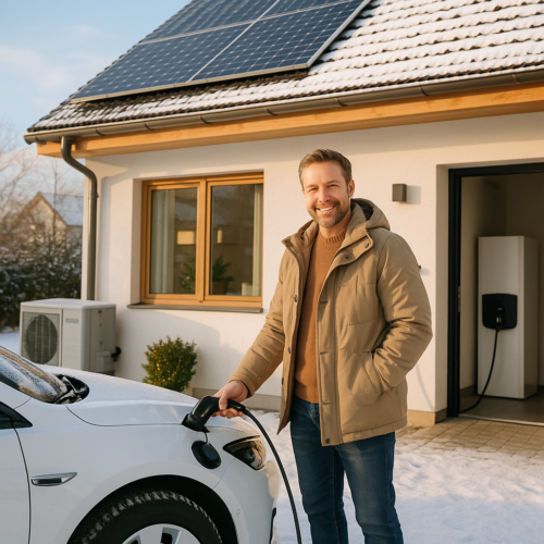 Uśmiechnięty mężczyzna w brązowym zimowym płaszczu stoi obok białego samochodu elektrycznego ładującego się na zaśnieżonym podjeździe, pamiętając o zasięgu EV zimą. Za nim znajduje się nowoczesny dom z panelami słonecznymi na dachu i ładowarką elektryczną zamontowaną na ścianie.
