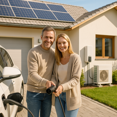 Uśmiechnięci mężczyzna i kobieta stoją przed domem z panelami fotowoltaicznymi na dachu, trzymając razem kabel ładowania podłączony do białego elektrycznego samochodu zaparkowanego przy podjeździe, obok widoczna stacja ładowania na ścianie, jednostka klimatyzacji i trawnik.