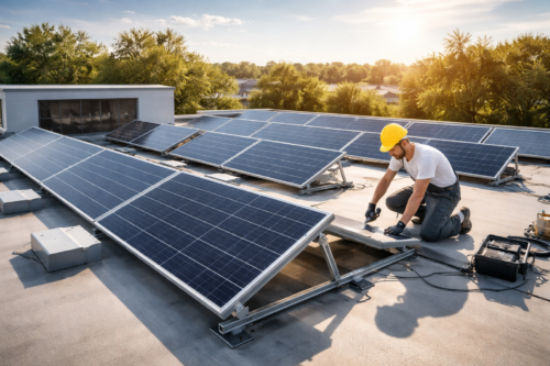 Osoba w żółtym kasku, białej koszulce i rękawicach klęczy na płaskim dachu obok szeregu paneli fotowoltaicznych zamocowanych na metalowych stelażach, obok leży skrzynka z narzędziami i widoczne są kable, w tle drzewa i świecące słońce nad horyzontem.