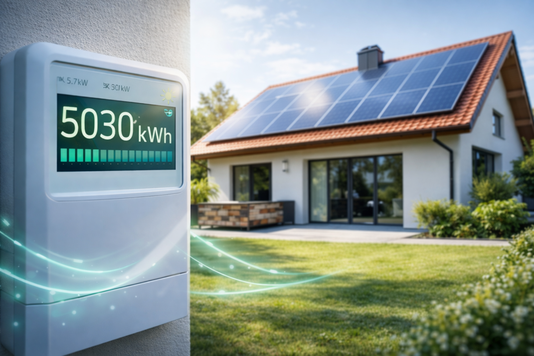 W pierwszym planie cyfrowy licznik energii zamocowany na ścianie z wyraźnym odczytem 5030 kWh i świetlistymi niebieskimi smugami wychodzącymi z niego, w tle biały nowoczesny dom z czerwonym dachem pokrytym panelami słonecznymi, dużymi przeszklonymi drzwiami tarasowymi oraz trawnikiem i krzewami.