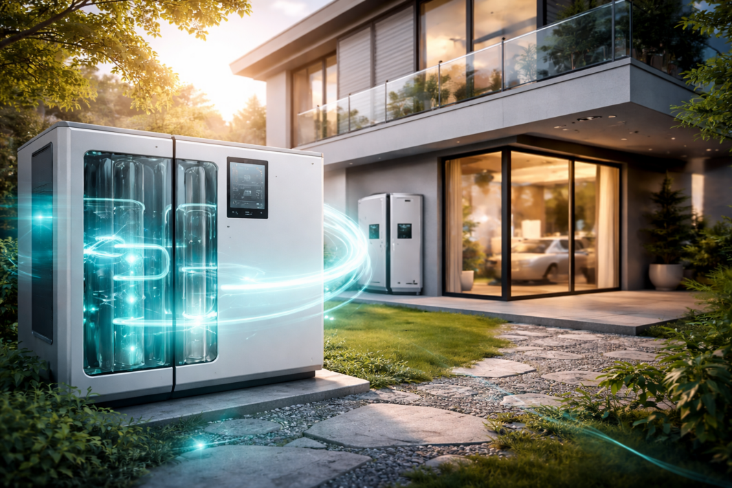 Na pierwszym planie stoi duże białe stacjonarne urządzenie z przezroczystymi szybami odsłaniającymi cylindryczne moduły i świetlistymi niebieskimi smugami wokół, a w tle nowoczesny dwupiętrowy dom z przeszklonym balkonem, dużymi oknami i przesuwnymi drzwiami przez które widać wnętrze z zaparkowanym samochodem, otoczone trawnikiem, kamienną ścieżką i roślinnością przy zachodzącym świetle.