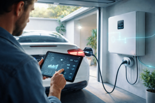 Mężczyzna widoczny od tyłu trzyma tablet z wykresami i danymi, a przed nim w garażu stoi biały samochód elektryczny podłączony kablem do ściennej stacji ładowania; po prawej widać metalową skrzynkę i gniazdo ładowania, w tle rośliny i otwarte drzwi garażu.